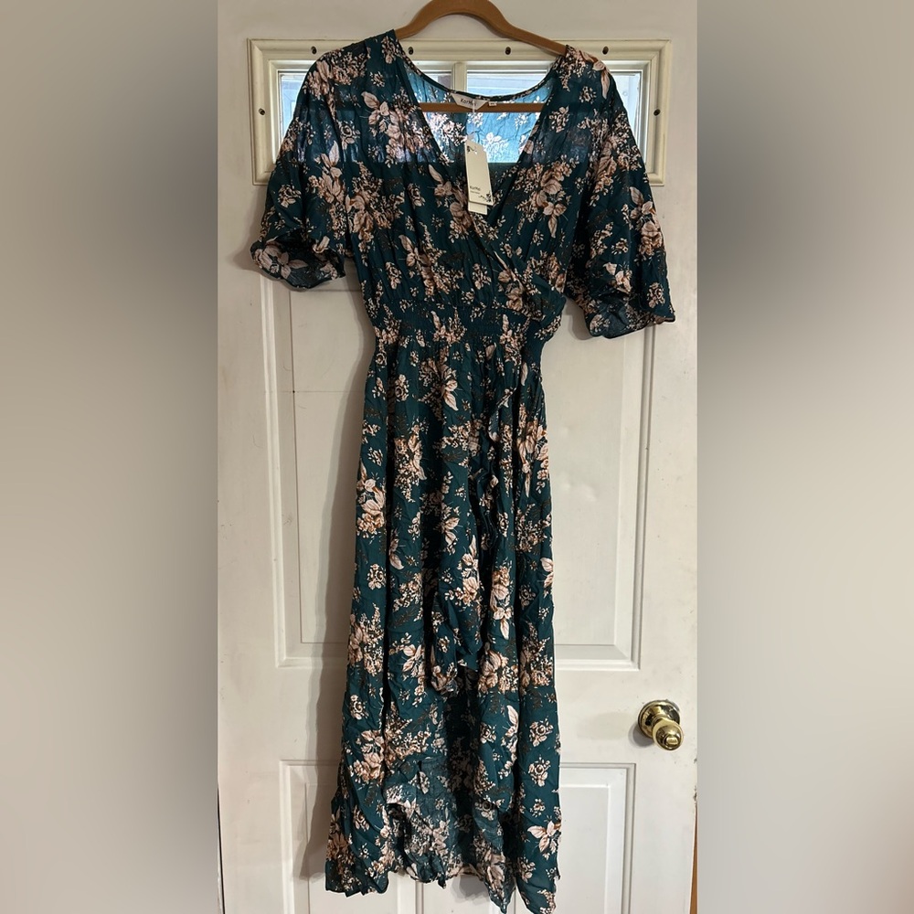 XL Short Sleeve V Neck Floral High Low Party Dress